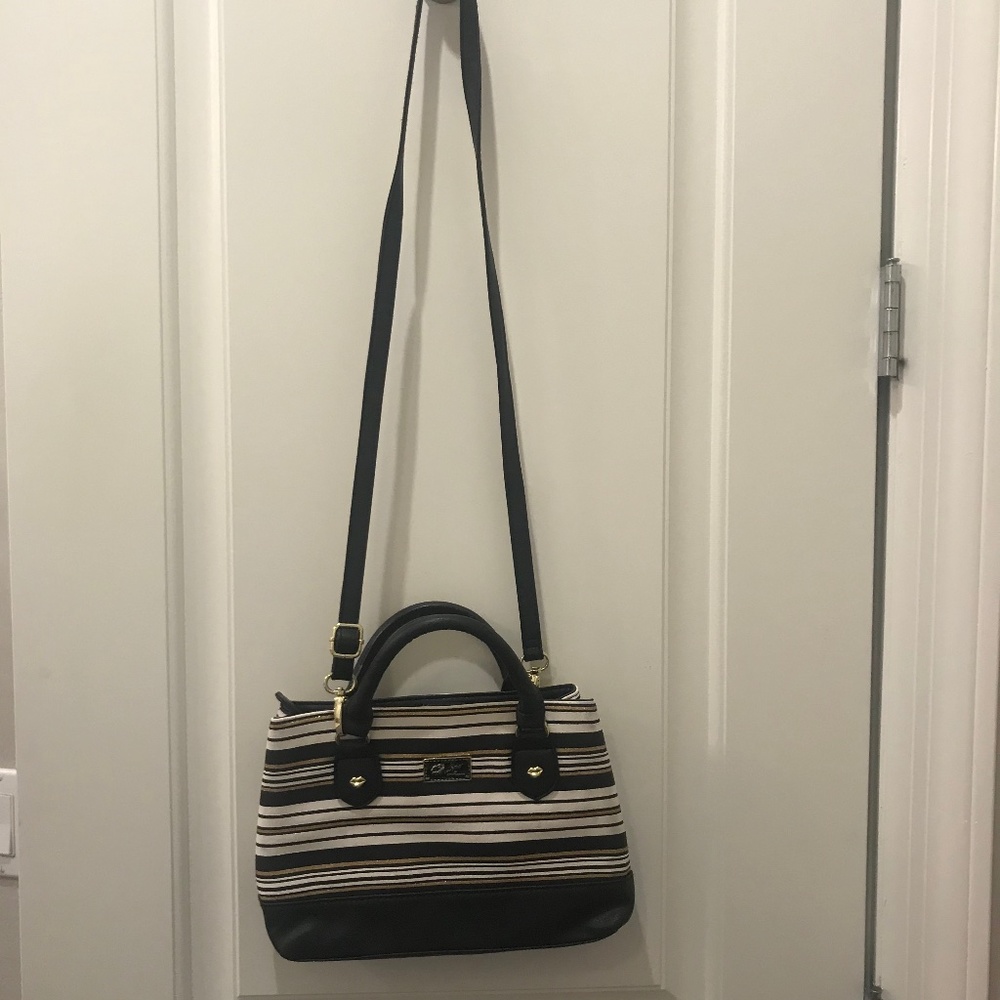 Betsey Johnson Black, White, &Gold Striped Satchel